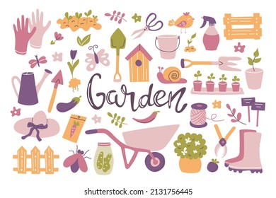 Set of tools garden. Shovel, wheelbarrow, plants, watering can, gardening gloves, seedlings. Vector flat illustration with hand lettering.