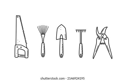 A set of tools for the garden. Vector illustration of a shovel, hoe, rake, hand saw and pruner.