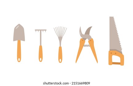 A set of tools for the garden. Vector illustration of a shovel, hoe, rake, hand saw and pruner.