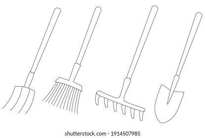 A Set Of Tools For The Garden And Vegetable Garden: Shovel, Rake, Pitchfork, Broom. Simple Outline Vector Graphics. Can Be Used For Coloring Pages, Feature Articles, And Infographics 