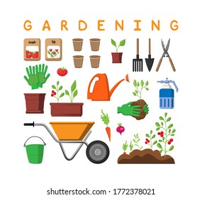 conjunto de herramientas para la jardinería. Excelente postal para los amantes del jardín. Instrucciones paso a paso para el cultivo de verduras en el jardín. Ilustración vectorial aislada.