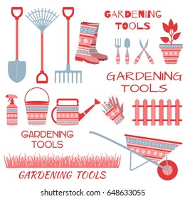 A set of tools for gardening on a white background.