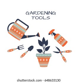 A set of tools for gardening on a white background.
