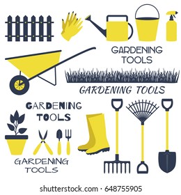 A set of tools for gardening on a white background.