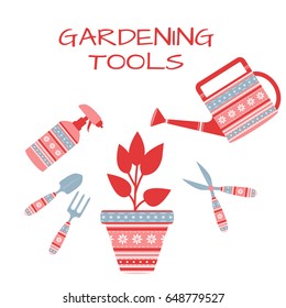 A set of tools for gardening on a white background.