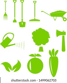 set of tools for gardening and plants on a white background concept of farming and agriculture