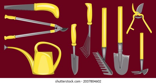 conjunto de herramientas para jardinería y jardinería de verduras sobre fondo de cerezo