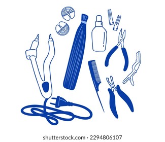 Set of tools for hair extensions. Hairdresser tools for the procedure.Doodle vector illustration