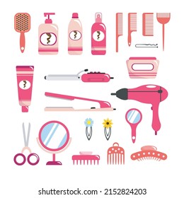 Set of tools for a hair salon in cartoon style. Vector illustration of hairdresser's equipment combs, creams, lotions, hair clips, hair dryer, hair iron, scissors, mirror on white background.