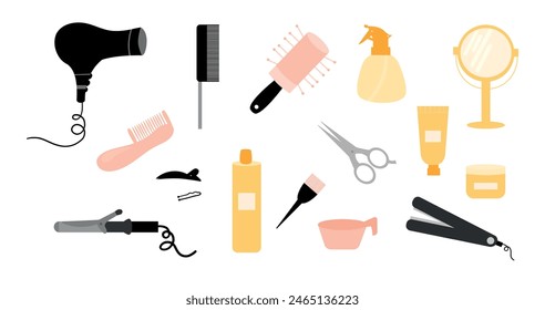 Set of tools for a hairdresser. Collection of  accessories for hair cutting and styling. Hair Dryer, hair brush, scissors, curling hair and tools for barbershop. Vector illustration, flat style.