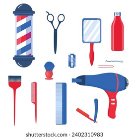 Set of tools for hairdressers in cartoon style. Vector illustration of various: hair dryer, combs, scissors, mirror, hairpins, spray, razor blades, razor, brush isolated on white background.