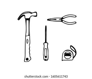 Set of tools, hammer roulette screwdriver pliers, black lines doodle, vector