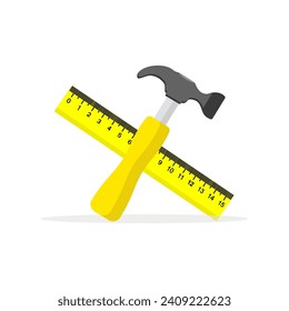 Set of tools . Hammer, yellow ruler measuring on a white background