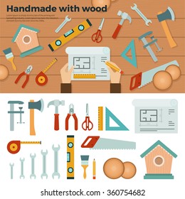 Set of tools for handmade with wood: hammer, ax, saw, rubber gloves on brown and white background banners . For web site, mobile applications, banners, corporate brochures, book covers, layouts 