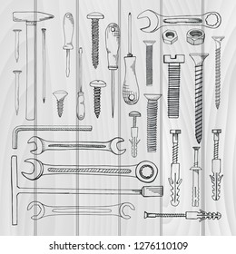 Set of tools, hardware. Different fastener isolated on white background. Hand drawn vector illustration of a sketch style.