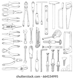 Set of tools, hardware. Different fastener isolated on white background. Hand drawn vector illustration of a sketch style.