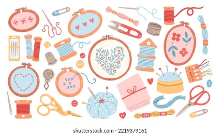 Set of tools for hobby, embroidery needlework, canvas, hoop, thread a needle, floss, scissors, flat vector graphics