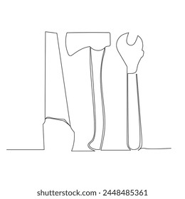 a set of tools in home carpentry. Illustration design of tools for Industrial concept vector. single line continuous drawing. 