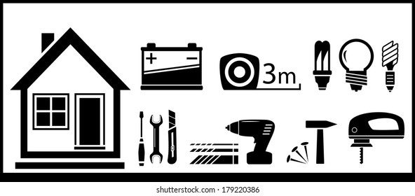 set tools for home work and house silhouette