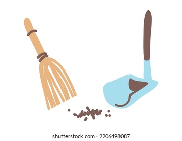 A set of tools for household work on garbage collection. Broom with a dustpan and garbage in a flat cartoon graphic style. Classic set of cleaning tools. A broom sweeping garbage into a container.