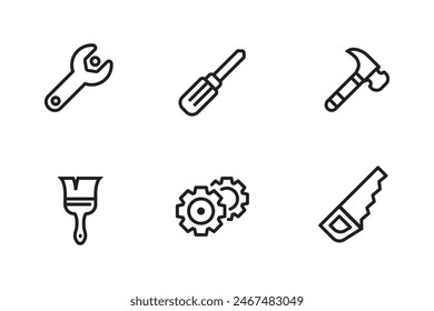 Conjunto de herramientas icono en diseño de línea negra sobre fondo blanco