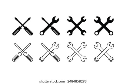 set of tools icon wrench and screwdriver silhouette and outline design on white background