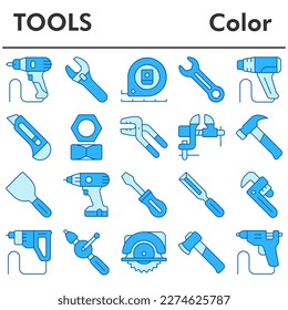 Set, tools icons set - icon, illustration on white background, color style