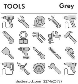 Set, tools icons set - icon, illustration on white background, grey style