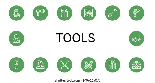 Set of tools icons such as Builder, Tools, Paint tools, Service, Shovel, Musical, Plier, Support, Dentist Tool, Kitchen Seed, Craftsman, Fishing ,