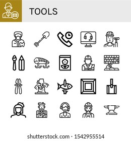 Set of tools icons. Such as Support services, Dentist, Shovel, Technical Support, Support, Builder, Paint tools, Fishing baits, Gardening, Plier, Clay, Fishing, Art , tools icons