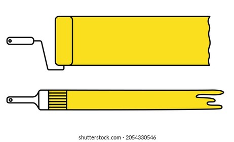 Set of tools illustrations. Architectural, building, construction. Household paint tools. Brush, paint roller. Instruments. Yellow color. Due. Brush strokes. Flat templates, background for text