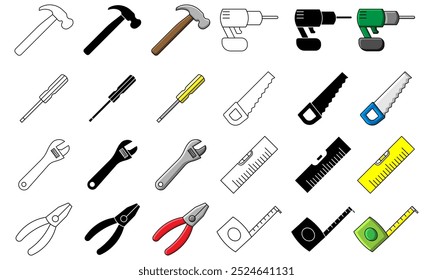 Set of Tools including a hammer, screwdriver, wrench and pliers in various designs, black, white and colour versions