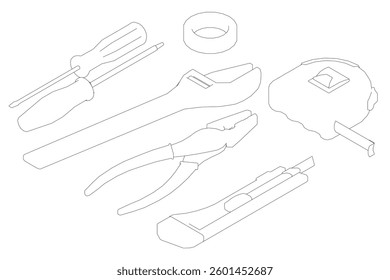 A set of tools including a wrench, pliers, and a screwdriver. The image is in black and white. Isometric view