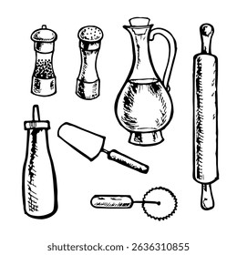 Um conjunto de ferramentas e ingredientes para fazer pizza. Sal, pimenta, óleo, rolo, faca, espátula, ketchup. Gráficos vetoriais, ilustrações em preto e branco feitas à mão. Para receitas, menus e decoração de pizzaria