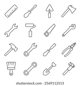 set of tools and Instrument line icon, Construction tool like screwdriver, saw, hammer, axe, ruler, wrench	