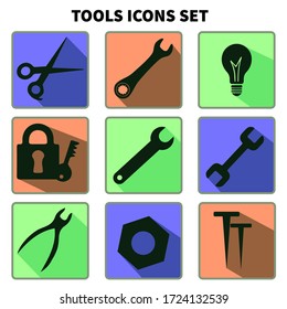 Set with tools and instruments. Building and industry thema. Flat icons. Vector illustration