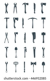 A set of tools and instruments for gardening, construction, agricultural works. Black flat vector illustrations, logo elements isolated on white background