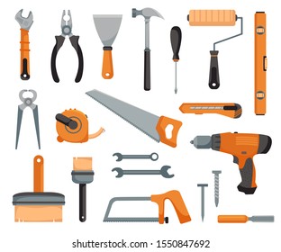 Set of tools of a joiner and repairman. Devices for construction and mechanics. Vector illustration in cartoon style.