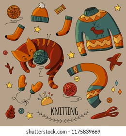 
Set of tools for knitting and crochet, hand drawn icons. Colorful elements, sewing tools collection. Illustration with sketch objects. Decorative backdrop vector