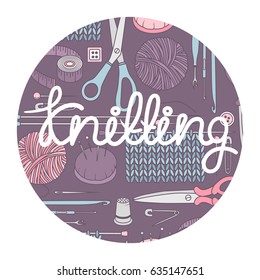 Set of tools for knitting and crochet, hand drawn icons. I love knitting, poster design. Colorful elements, sewing tools collection. Illustration with sketch objects. Decorative backdrop vector