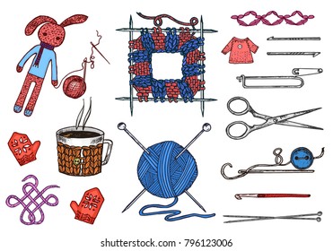 Set tools for knitting or crochet and materials or elements for needlework. club sewing. handmade for DIY. tailor shop. yarn and wool natural home sheep, tangle with needles. engraved hand drawn.
