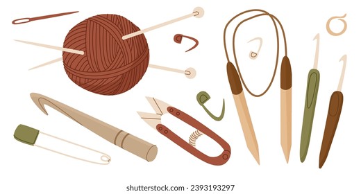 Set of tools for knitting and crochet. Vector illustration isolated on white background for home craft stores and postcard design. World Knitting Day in Public Places.