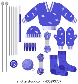 A set of tools for knitting and knitted clothes. Needlework collection. Yarn, knitting needles, crochet hook. Isolated icons on white background. Vector illustration.