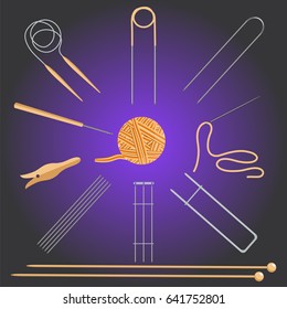 Set of tools for knitting. Knitting needles. Vector