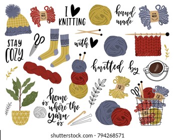 Set of tools for knitting. Yarn, scissors, socks, hat, needles. Knit clip art. Vector illustration