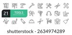 Set Of Tools Line Icons. Contains such icons as Hammer, Ring Spanner, Nail, Screwdriver, Wrench, Saw, Work Tools, Screw, Paintbrush, Shovel, Hammer, Drill, Ruler, Pencil, Paint Roller.