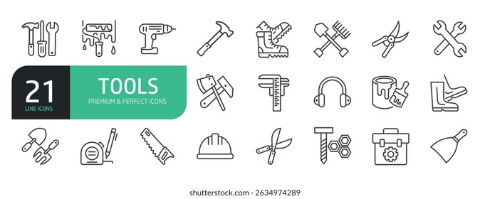 Set Of Tools Line Icons. Contains such icons as Hammer, Ring Spanner, Nail, Screwdriver, Wrench, Saw, Work Tools, Screw, Paintbrush, Shovel, Hammer, Drill, Ruler, Pencil, Paint Roller.