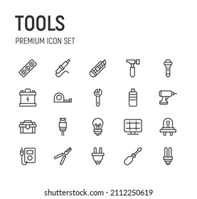 Conjunto de iconos de línea de herramientas. Paquete de carteles de moda. Pixel perfecto objetos para interfaz de usuario, aplicaciones y web. 