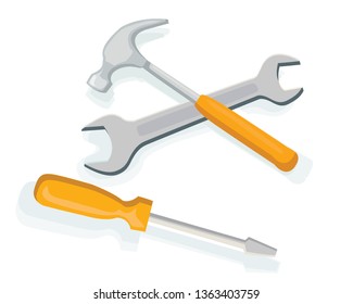 set tools made of hammer screwdriver and spanner isolated on white background