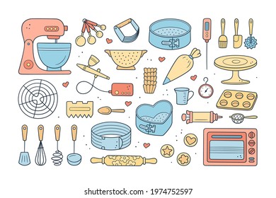 A set of tools for making cakes, cookies and pastries. Doodle confectionery tools - planetary stationary dough mixer, baking pans and pastry bag. Hand drawn vector illustration on white background.